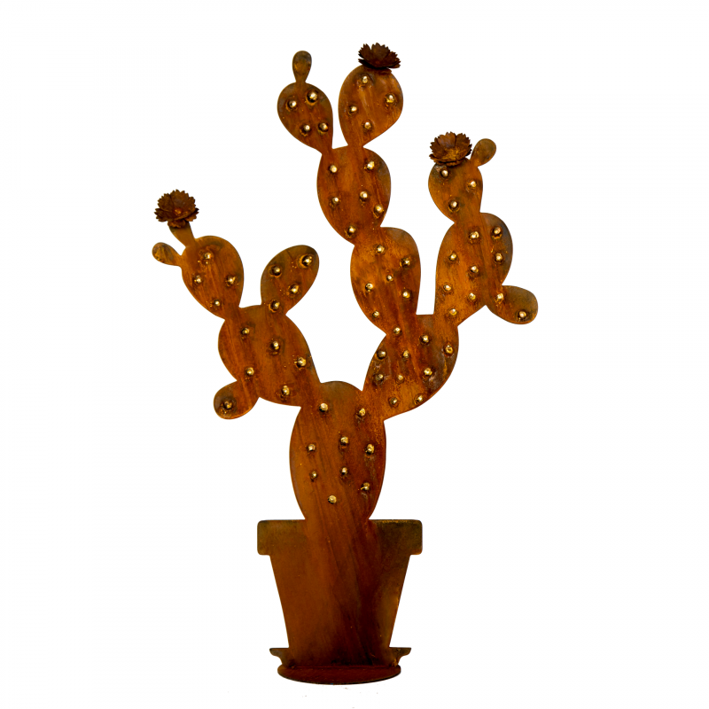 Cactus avec Boules Dorées en Métal Rouillé sur Socle H.110cm