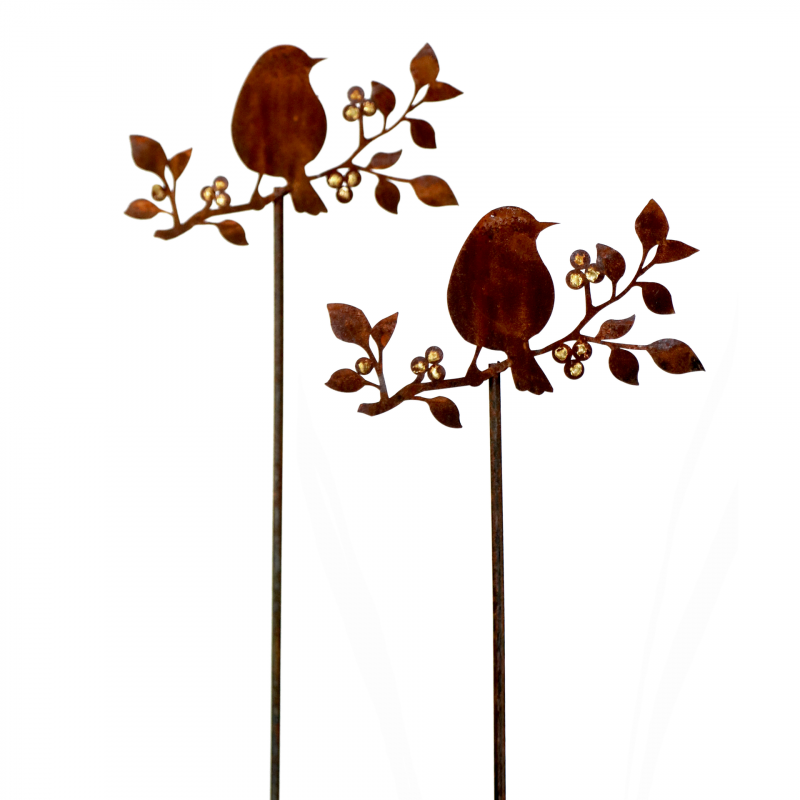 Piquet Oiseau sur Branche de Baies Dorées en Métal Rouillé 24x120cm