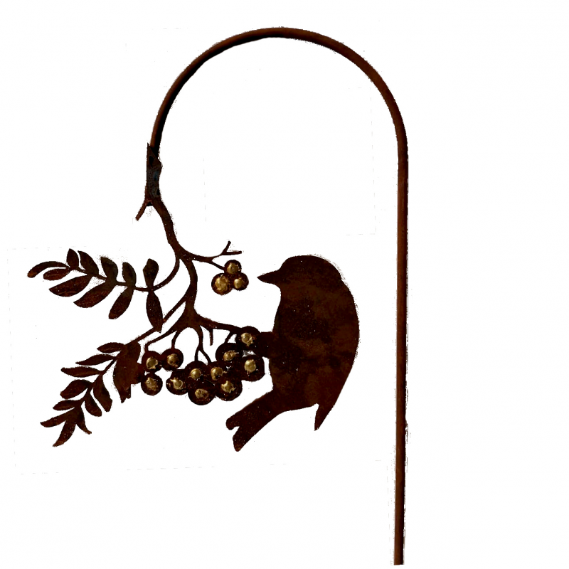 Piquet Oiseau sur Branche de Baies Dorées en Métal Rouillé 22x120cm