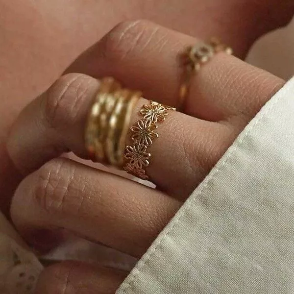 Bague Dorée Ajustable Dentelle de Fleur Laiton Doré Or Fin