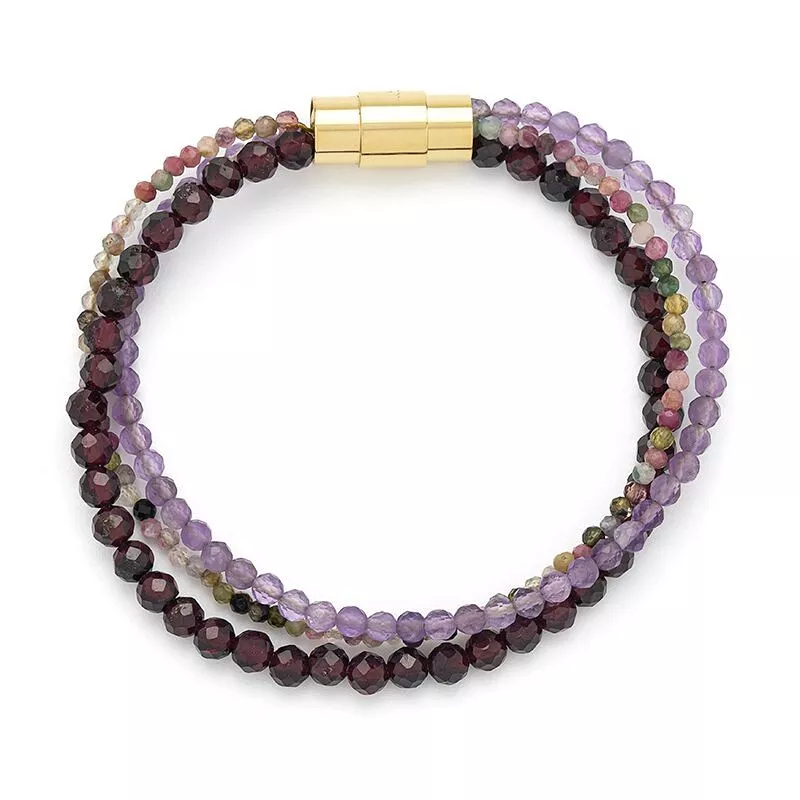 Bracelet 3 Rangs Perles et Strass Nuances de Mauves, Fermeture Aimantée