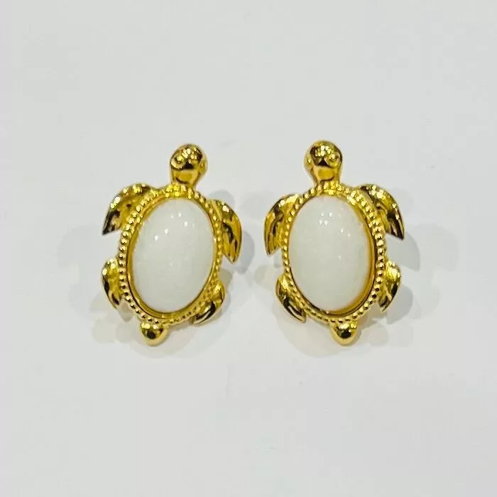 Boucles d'Oreilles Tortue Pierre Ovale Blanche Esprit Ocean