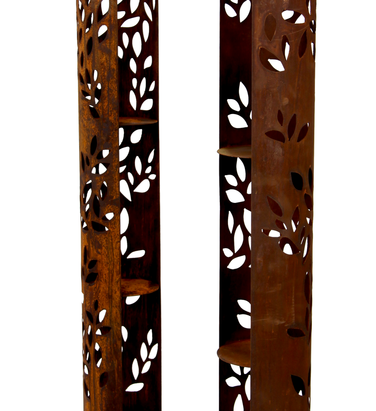 Colonne en Métal Rouille Décor Feuilles ø20xH.150cm avec 3 Etagères