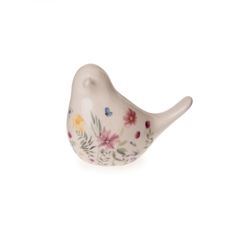Oiseau en Céramique Blanche Fleurie 9x5x7,5cm