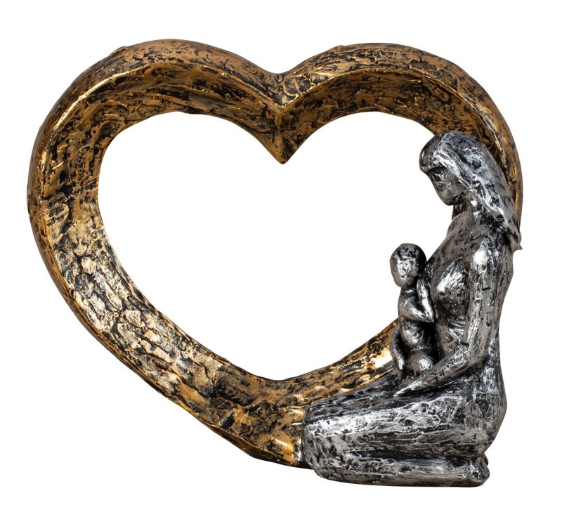Sculpture Coeur avec une Maman et son Enfant en Polyrésine 21x17,5cm