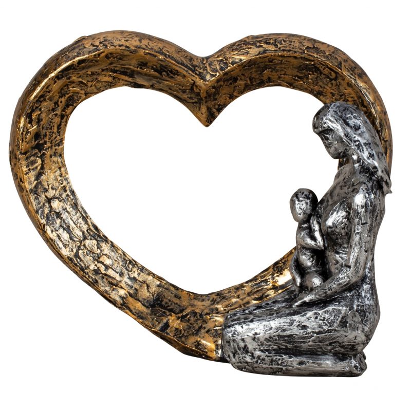 Sculpture Coeur avec une Maman et son Enfant en Polyrésine 21x17,5cm