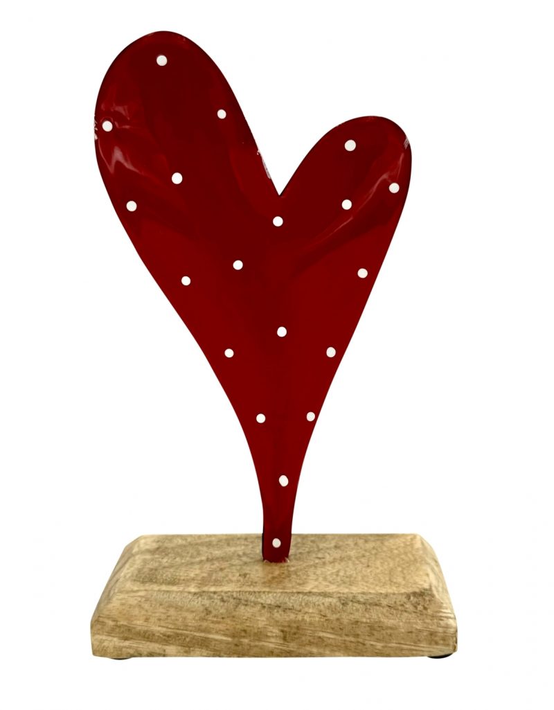 Coeur en Métal Rouge à Pois Blanc sur Socle en Bois 10x17cm