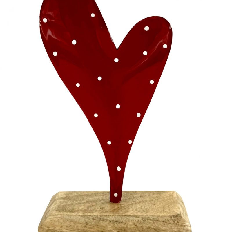 Coeur en Métal Rouge à Pois Blanc sur Socle en Bois 10x17cm