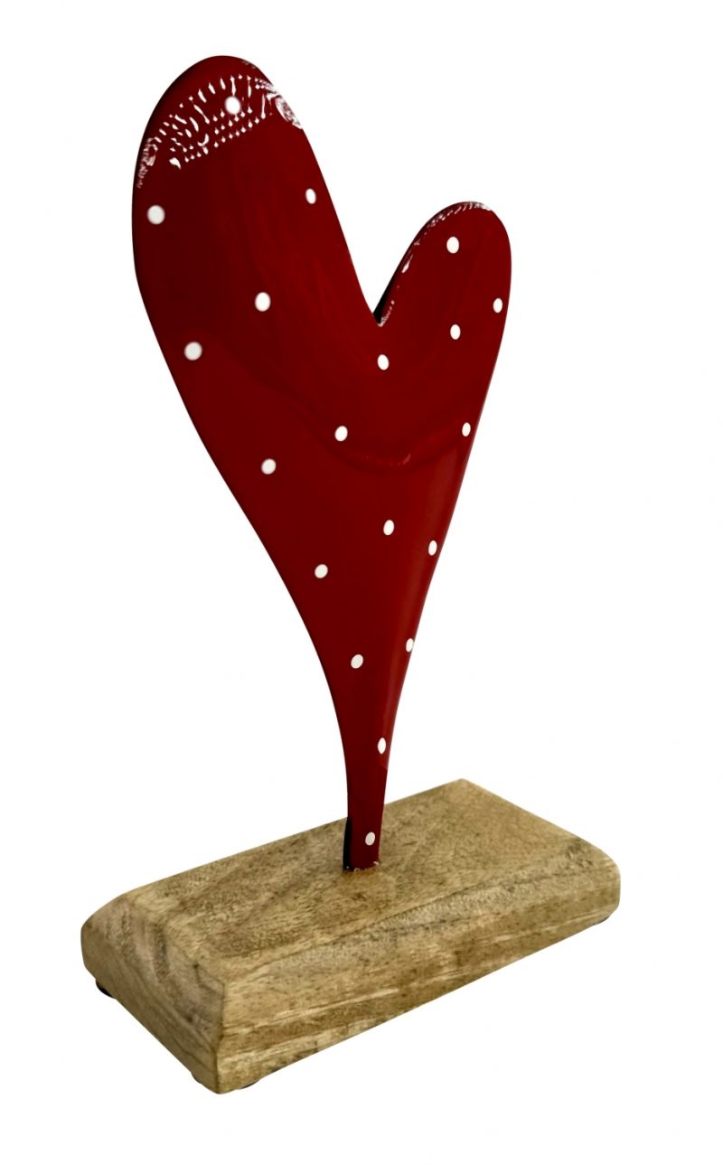 Coeur en Métal Rouge à Pois Blanc sur Socle en Bois 10x17cm – Image 2