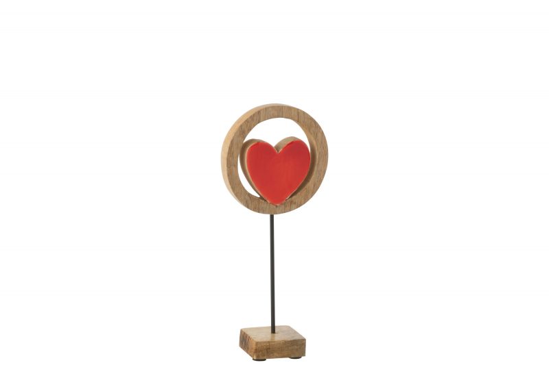 Coeur en Bois Rouge dans Cercle sur Pied 11x5x24cm