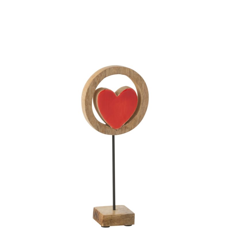 Coeur en Bois Rouge dans Cercle sur Pied 11x5x24cm