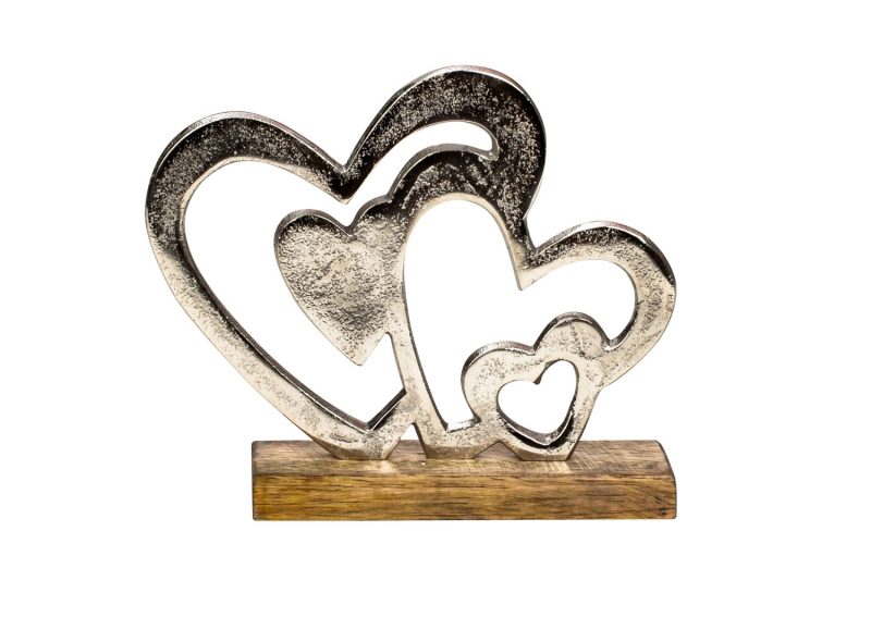 4 Coeurs en Alu sur Socle en Bois 20x17cm