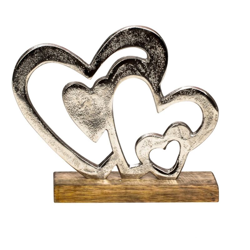 4 Coeurs en Alu sur Socle en Bois 20x17cm
