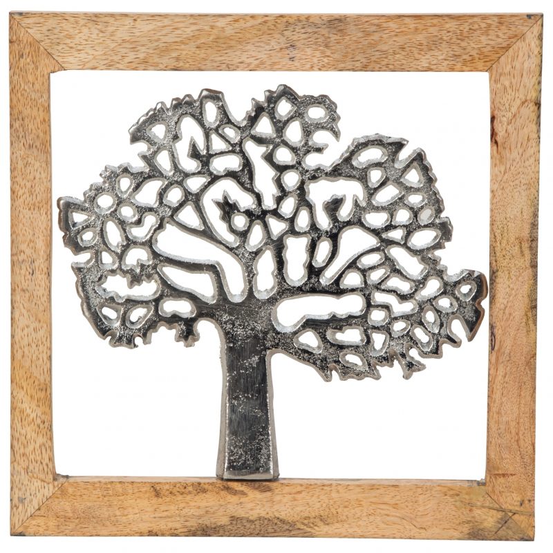 Arbre de Vie Mural en Alu dans Cadre en Bois 25,5x25,5cm