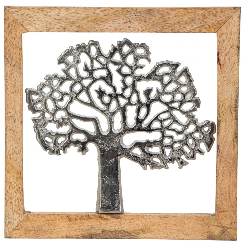 Arbre de Vie Mural en Alu dans Cadre en Bois 25,5x25,5cm