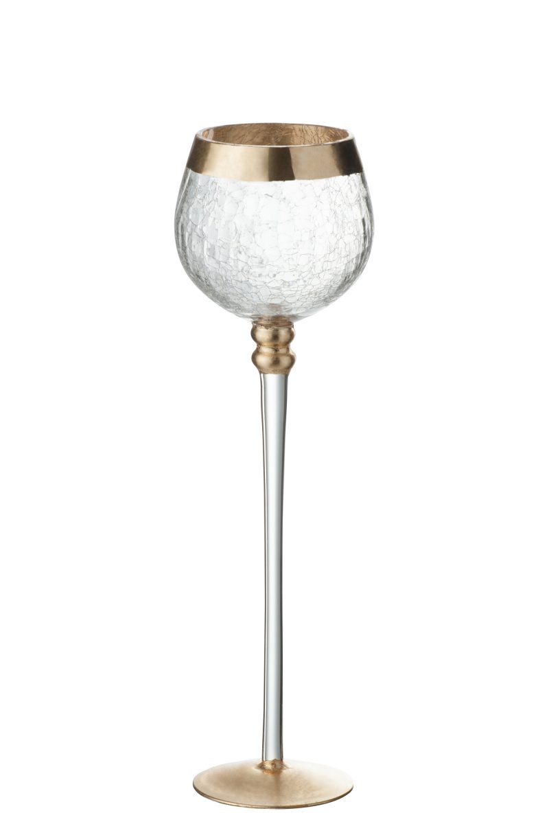Bougeoir Boule Sur Pied Craquelé Verre Transparent/Or 9x9x29,5cm
