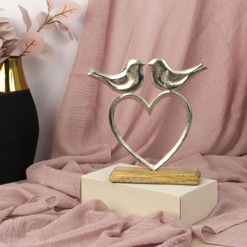 2 Oiseaux sur un Coeur en Alu sur Socle en Bois 20,5x21cm – Image 2