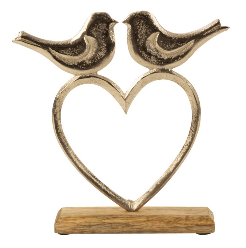 2 Oiseaux sur un Coeur en Alu sur Socle en Bois 20,5x21cm