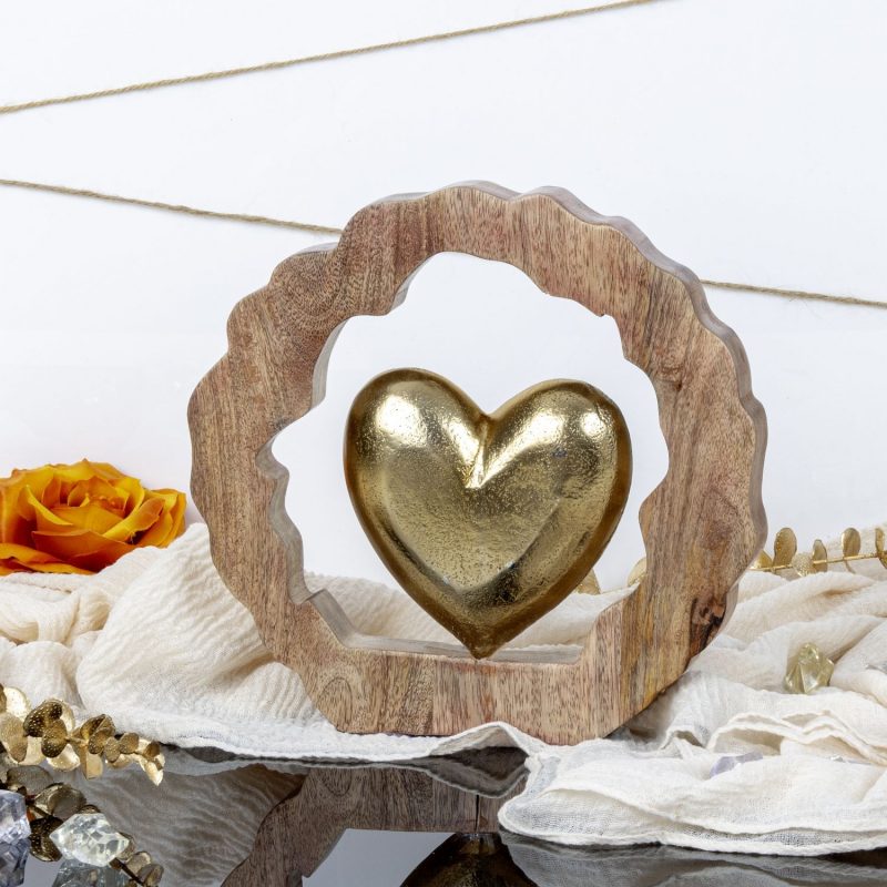 Décoration en Bois à Poser avec Coeur Doré 25x24,5cm – Image 2