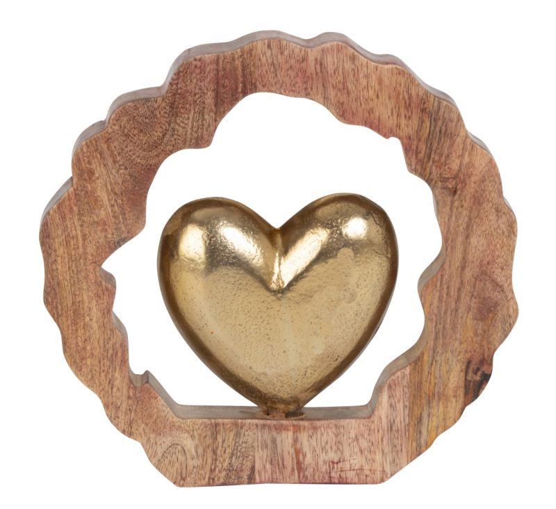 Décoration en Bois à Poser avec Coeur Doré 25x24,5cm