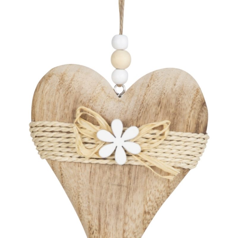 Pendentif Coeurs en Bois avec Décor Fleur 10,5x14cm