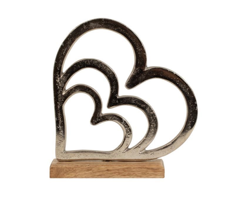 Triple Coeurs en Alu sur Socle en Bois 16x18cm