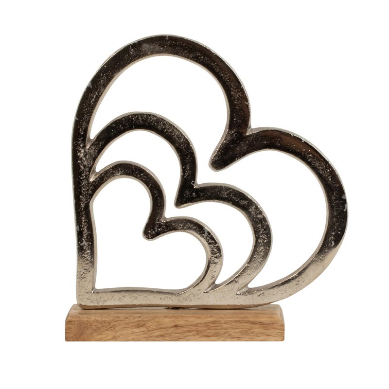 Triple Coeurs en Alu sur Socle en Bois 16x18cm