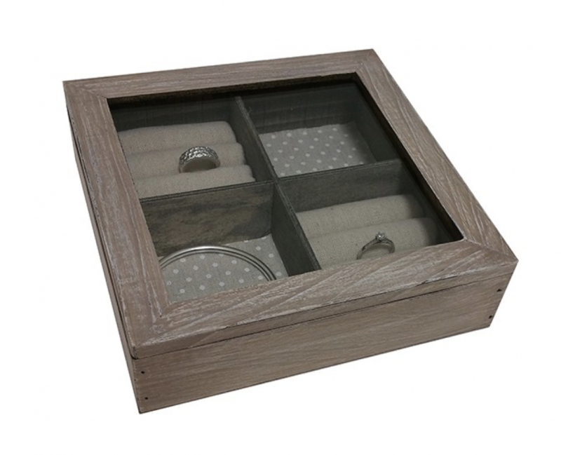 Boîte à Bijoux en Bois, Verre et Tissu 18x18x5cm