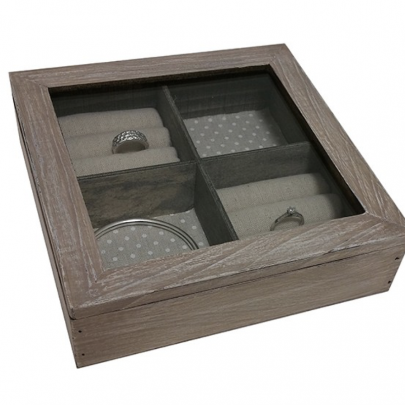 Boîte à Bijoux en Bois, Verre et Tissu 18x18x5cm