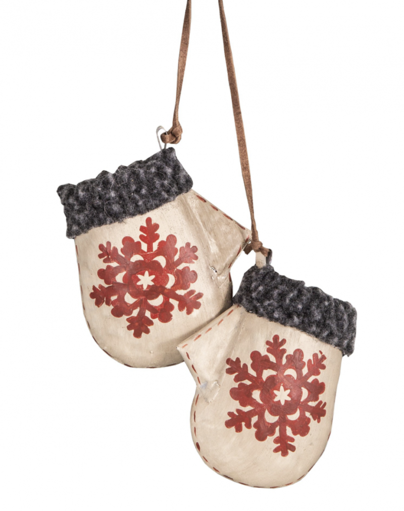 Pendentif Paire de Moufle Blancs avec Flocon en Métal, Tissu, Cuir synthétique avec Pomme de Pin 3,5x17x36cm