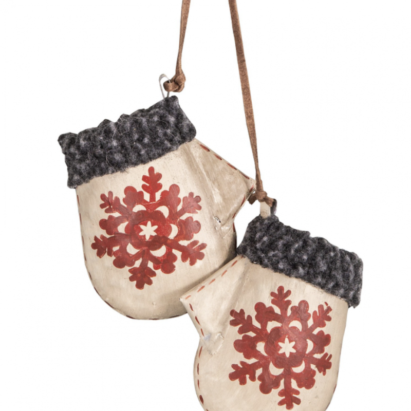 Pendentif Paire de Moufle Blancs avec Flocon en Métal, Tissu, Cuir synthétique avec Pomme de Pin 3,5x17x36cm