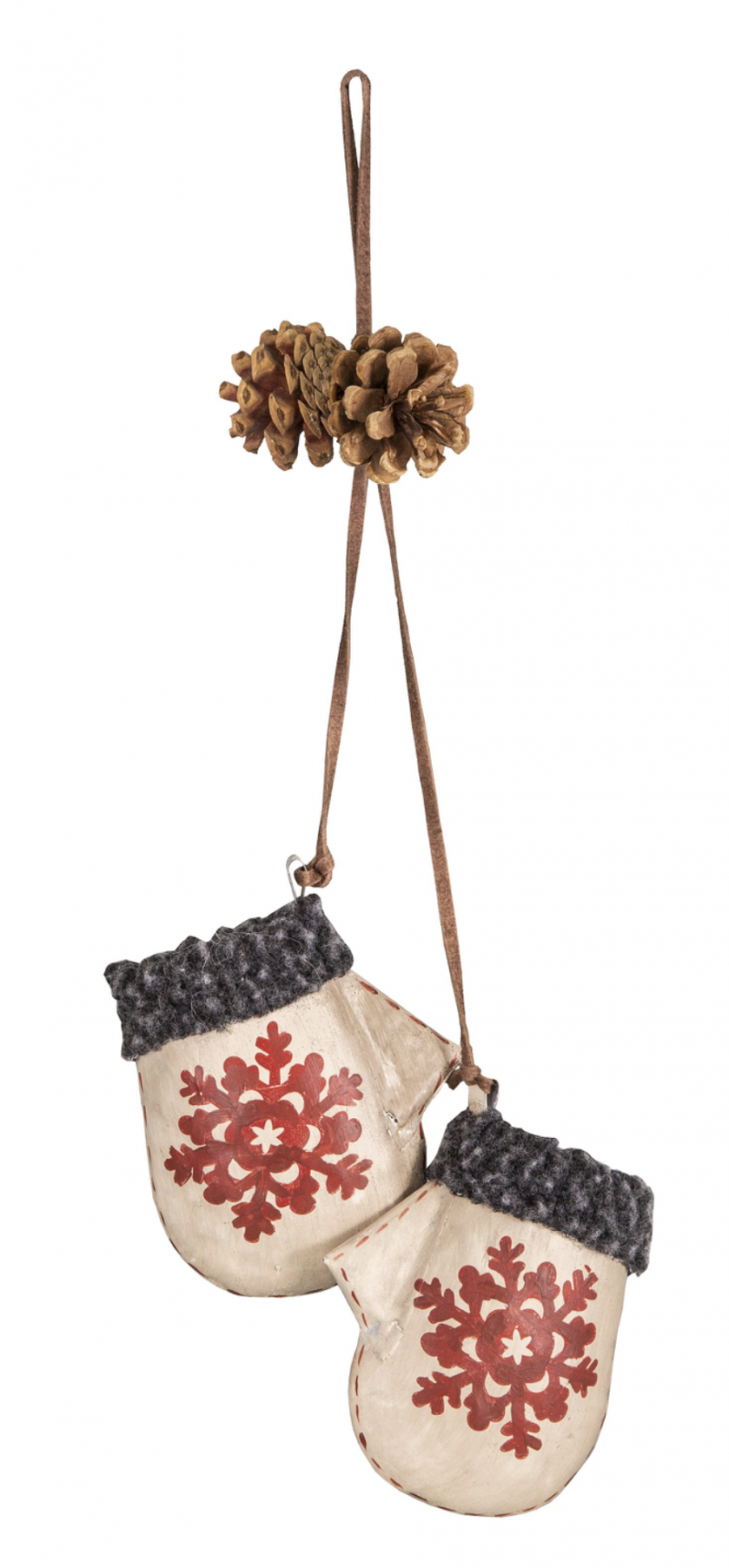 Pendentif Paire de Moufle Blancs avec Flocon en Métal, Tissu, Cuir synthétique avec Pomme de Pin 3,5x17x36cm – Image 2