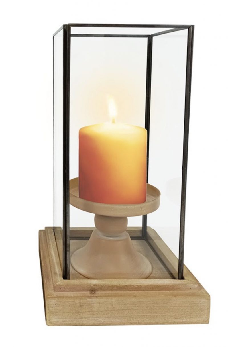 Photophore en Bois, Métal et Verre 13x13x23cm