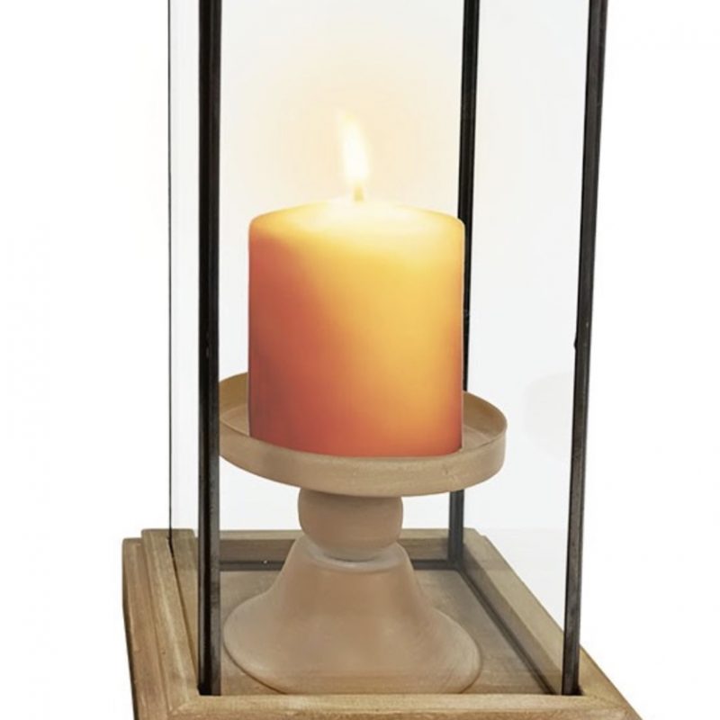 Photophore en Bois, Métal et Verre 13x13x23cm