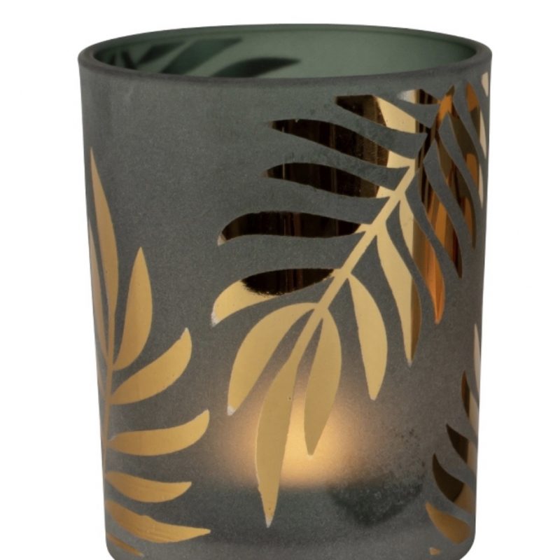 Photophore en Verre Décor "Feuilles" Kaki et Or ø10cm H.12,5cm