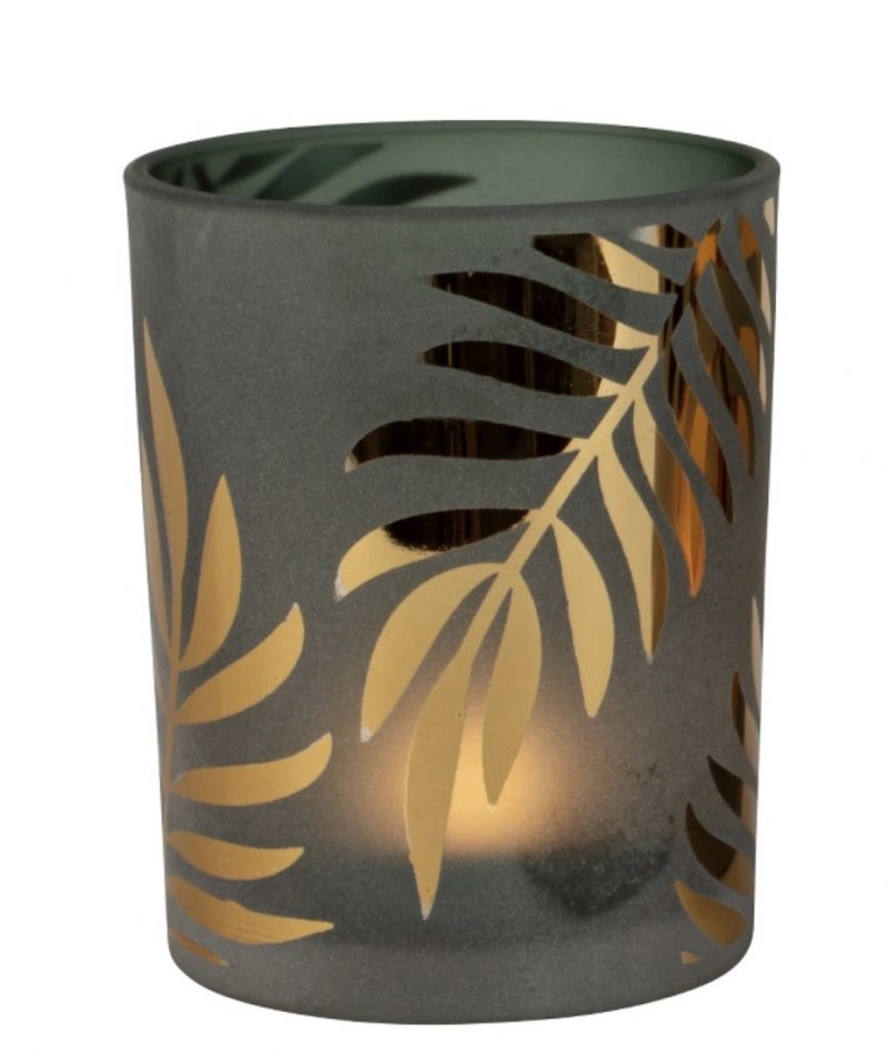 Photophore en Verre Décor "Feuilles" Kaki et Or ø10cm H.12,5cm