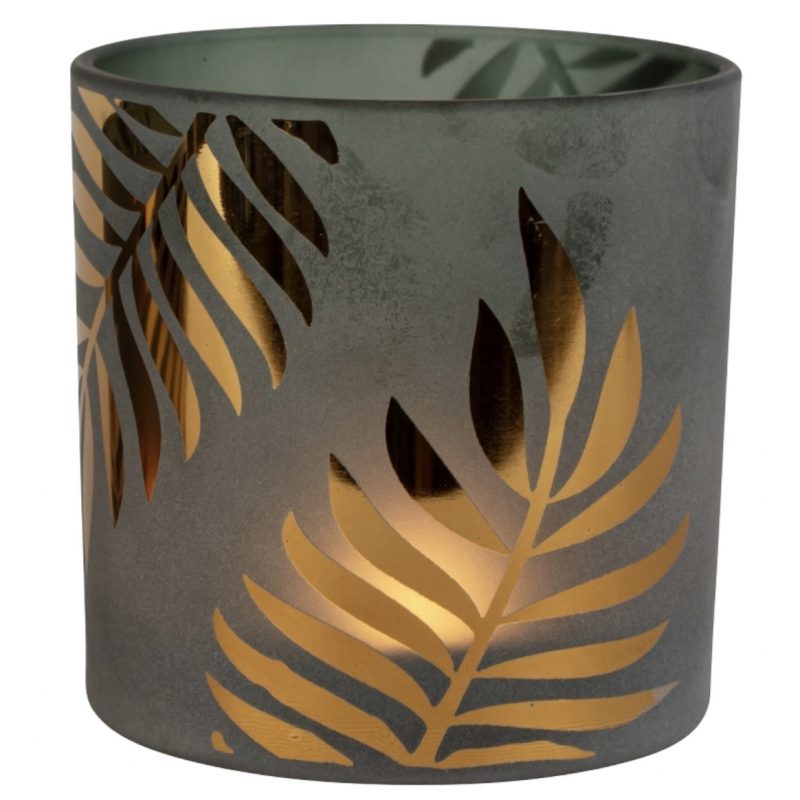 Photophore en Verre Décor "Feuilles" Kaki et Or ø15cm H.15cm