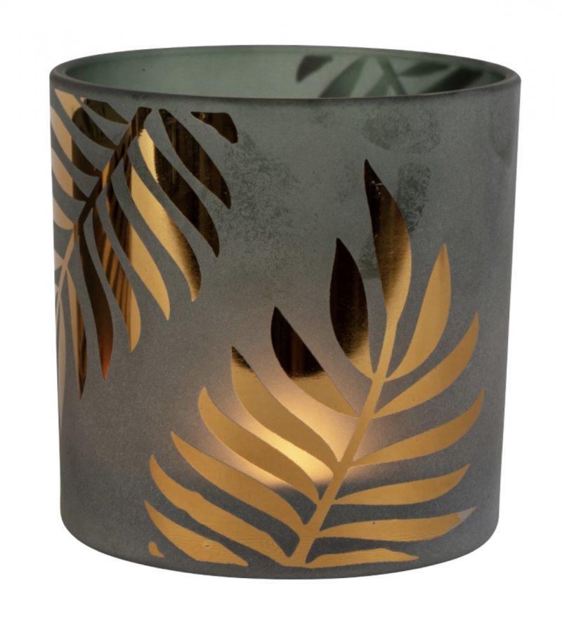 Photophore en Verre Décor "Feuilles" Kaki et Or ø15cm H.15cm