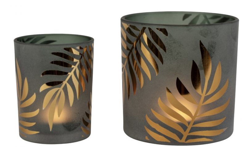 Photophore en Verre Décor "Feuilles" Kaki et Or ø10cm H.12,5cm – Image 2