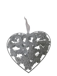 Pendentif Coeur Papillons en Métal Blanc H.23cm