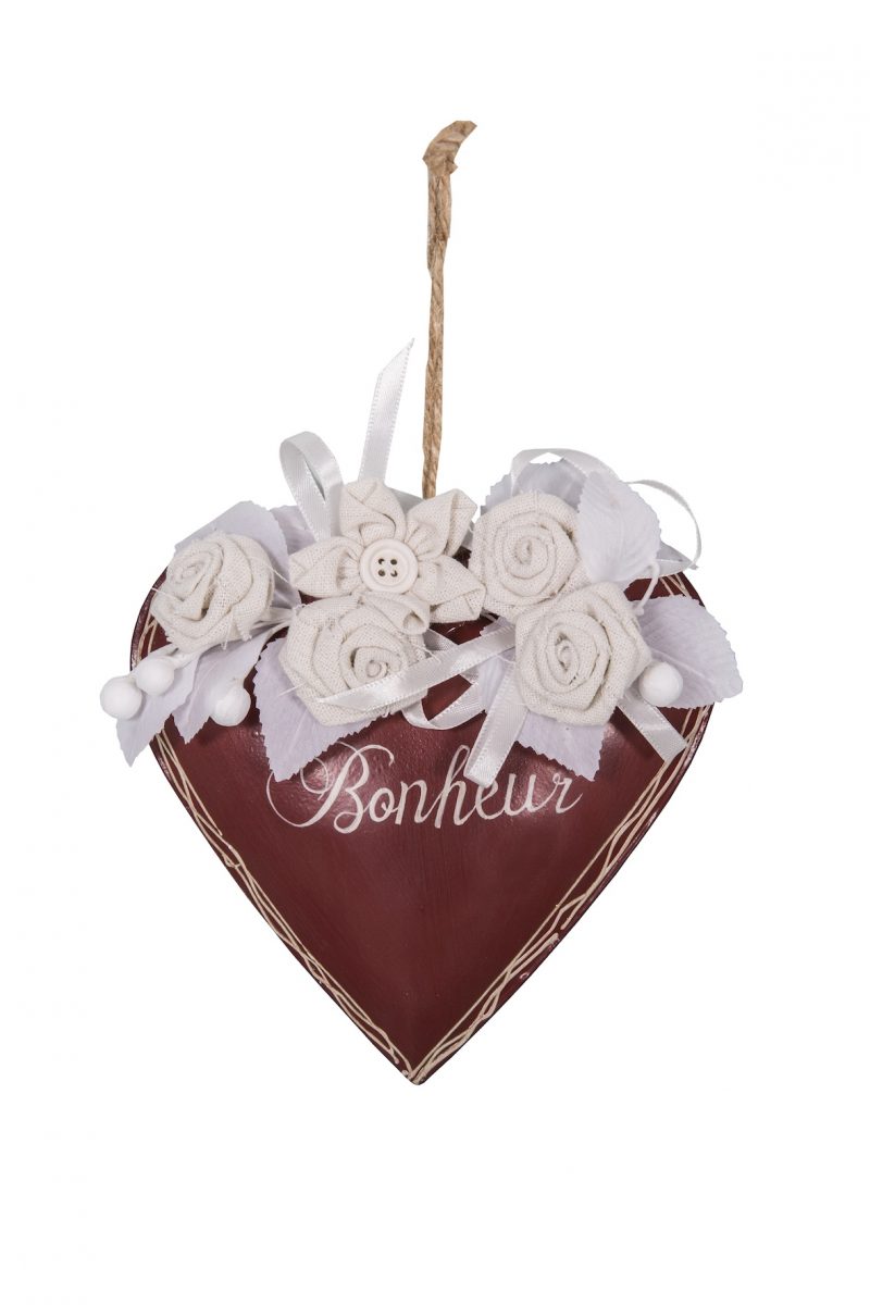 Pendentif Coeur Rouge Fleurs "Bonheur" en Métal et Tissu 16x16cm