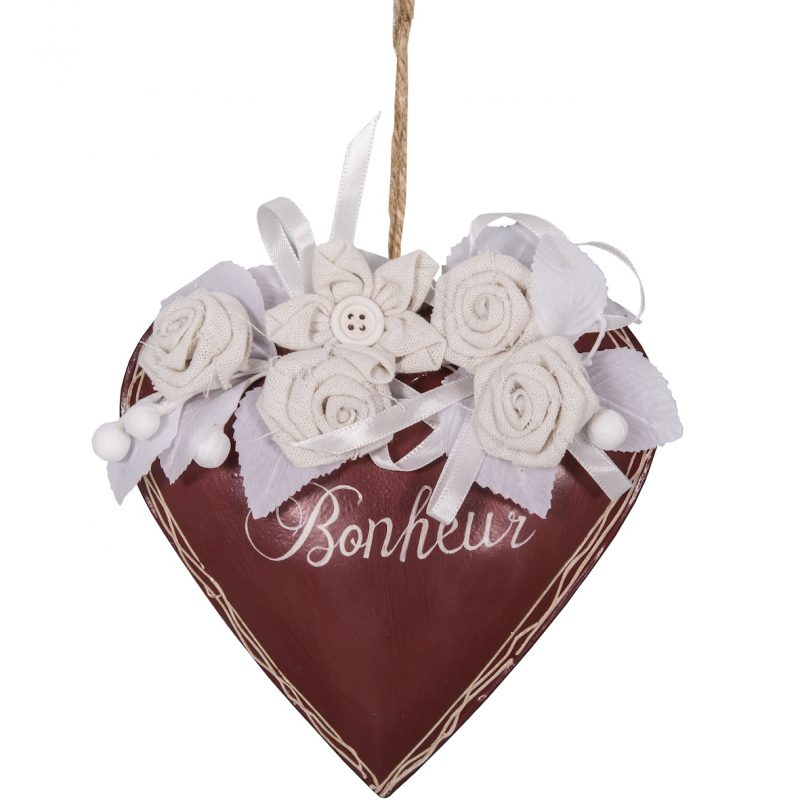 Pendentif Coeur Rouge Fleurs "Bonheur" en Métal et Tissu 16x16cm