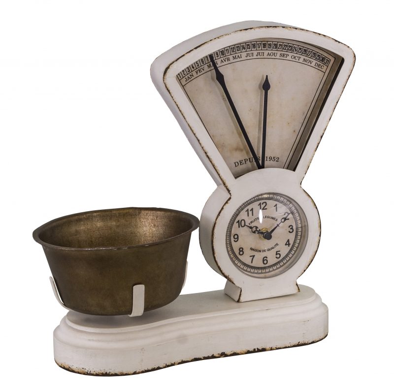 Balance Horloge / Calendrier à Poser en Métal Blanc Antique avec Plateau en Laiton  30x12,5x34cm