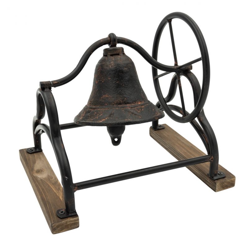 Cloche Décorative avec Roue à Poser en Métal et Bois 20,5x23cm