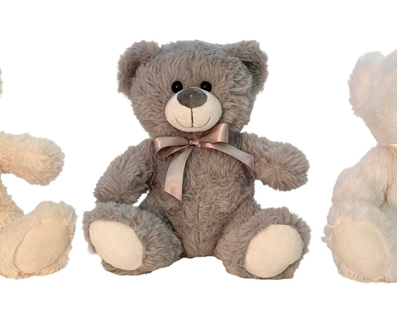 Peluche Ours Assis avec Noeud, 3 Couleurs au Choix H.29cm