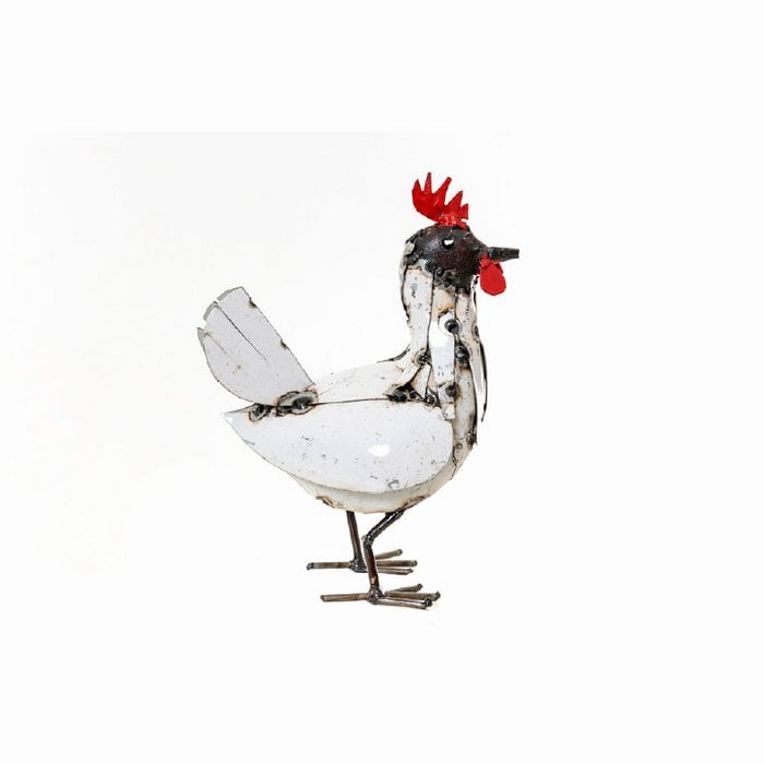 Poule Blanche en Métal Recyclé, H.17cm