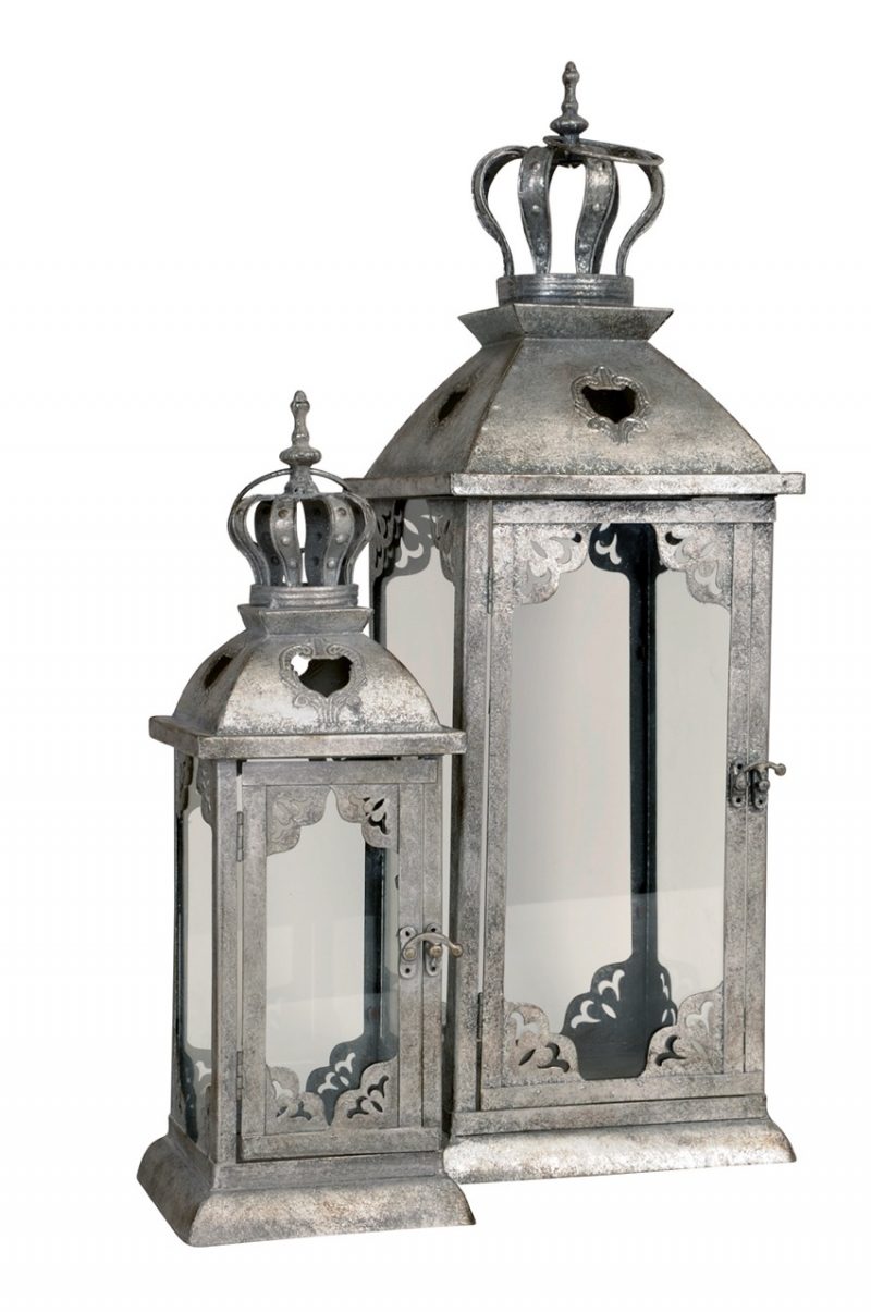 Lanterne en Métal Gris Antique Couronnée 15x15xH42cm