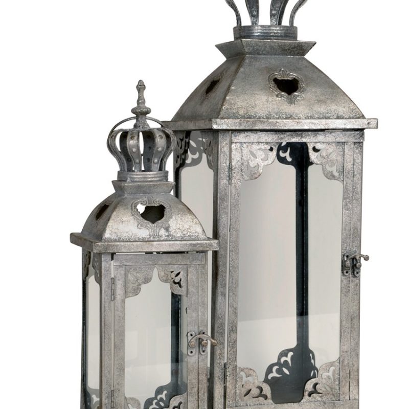 Lanterne en Métal Gris Antique Couronnée 15x15xH42cm