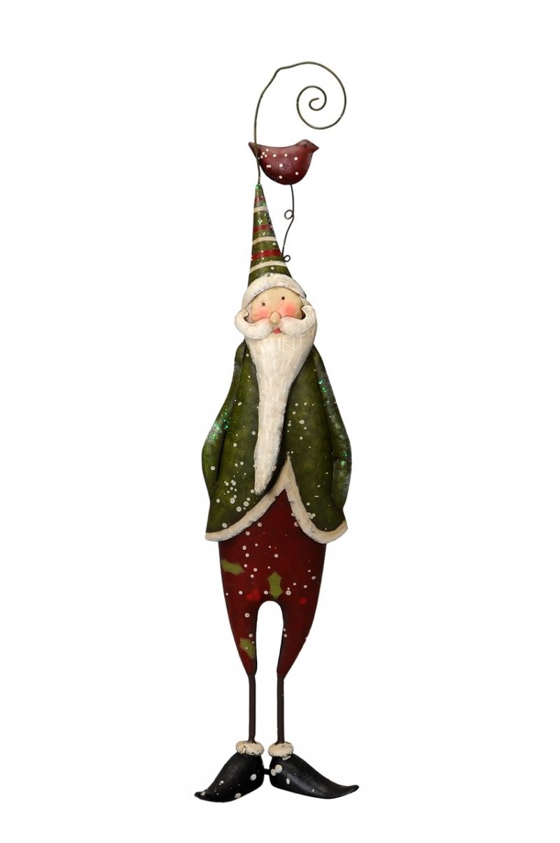 Père Noël en Métal Rouge et Vert avec Oiseau 14x8x61cm