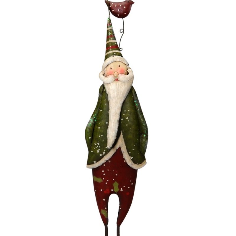 Père Noël en Métal Rouge et Vert avec Oiseau 14x8x61cm